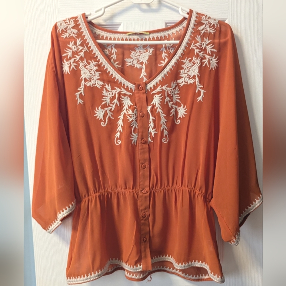 Gianni Bini Top Size XS Women's Tunic Burnt Orange Boho Embroidered Fairy Top